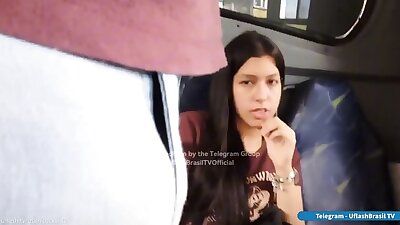 Horny Brazilian teen looking at big bulge on the bus